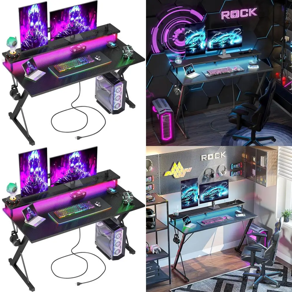 

40 Carbon Fiber Gaming Desk with LED, Power Outlets, Ergonomic Design, Monitor Stand & Headphone Hook