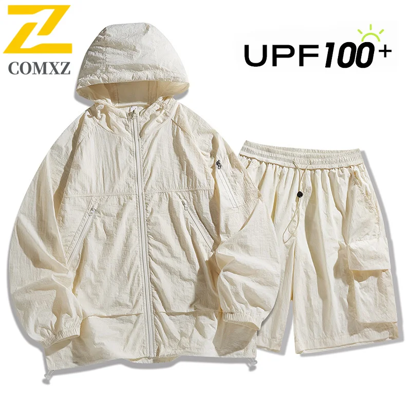 

Летние спортивные костюмы для мужчин: ультралегкая куртка + шорты карго, 2 предмета. Женский комплект для походов, ветровка с защитой от УФ-излучения, спортивная одежда.