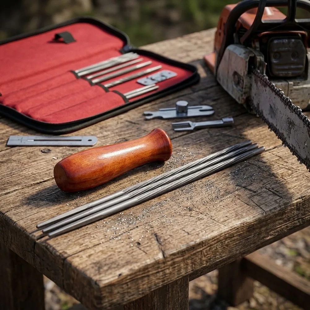 for chainsaw Chain File Set with 3 Round Files in 4.0mm 4.8mm 5.5mm Sizes Wooden Handle and Essential Maintenance Accessories