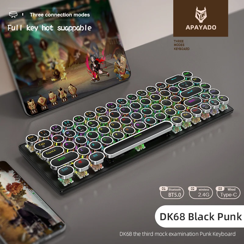 

Механическая клавиатура в стиле панк, беспроводная DK68 APAYADO, динамическое RGB-подсветка, трехрежимное соединение Bluetooth с 68 клавишами, полная клавиша с возможностью горячей замены