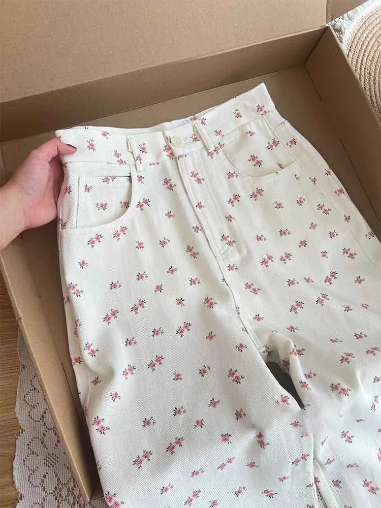 

Simple White Floral Denim Pants for Women Spring Summer New High Waist Wide Leg Trousers Lady Casual Jeans S-3XL