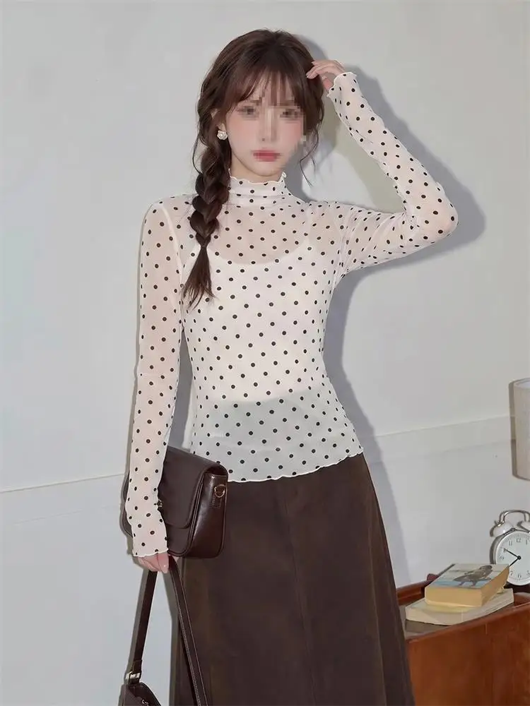 Slim Fit Long Sleeve High Collar Polka Dot T-Shirt Women's Autumn Korean Style Base Layer Shirt Top Wood Grain  Design