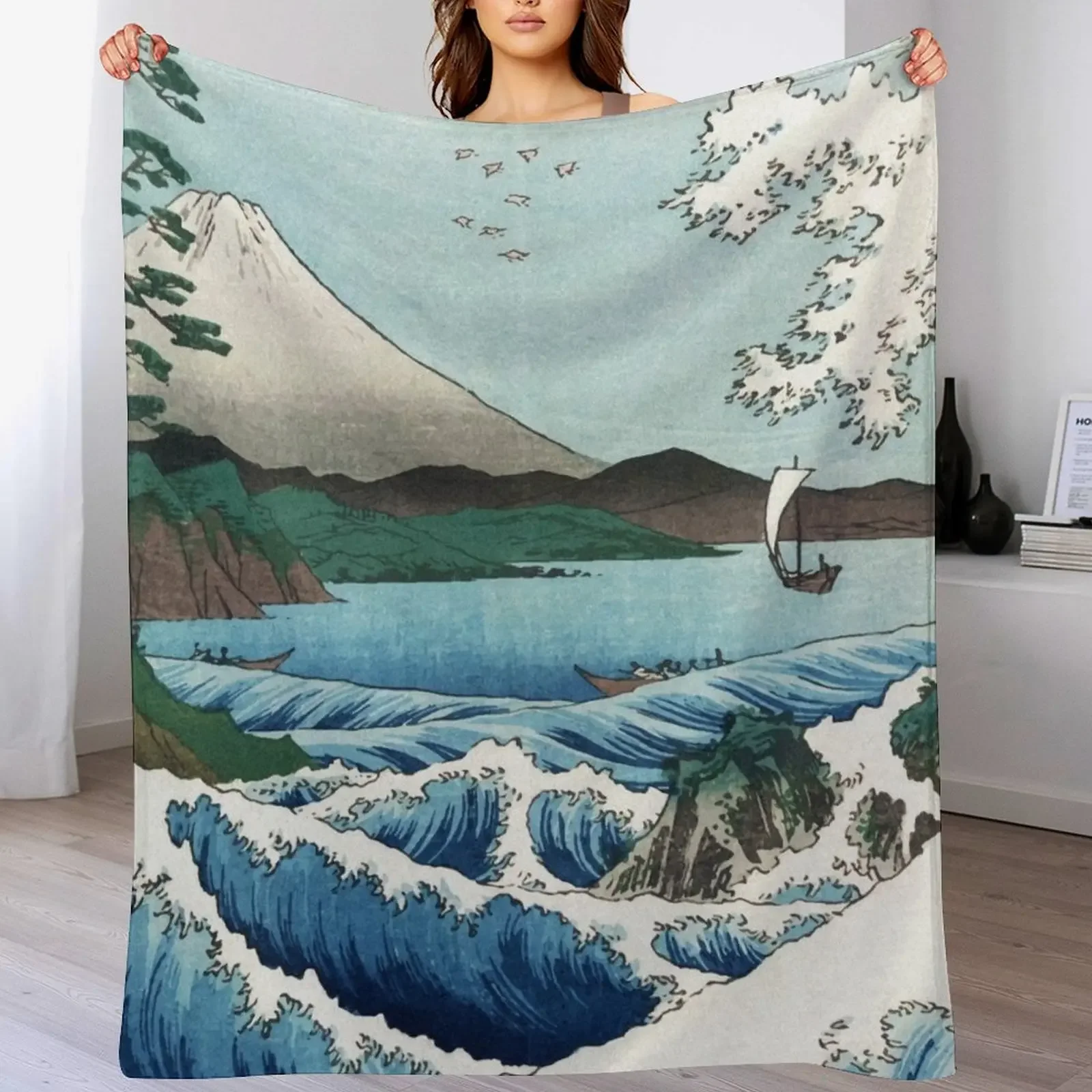 

Hiroshige the Sea off Satta Japan with volcano, crashing waves and fishermen by Japanese ukiyo-e artist nature vin Throw Blanket