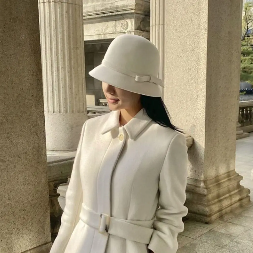 Retro Hepburnesque Felt Formal Hat Wealthy Heiress Style Panama Cap Bowknot Bucket Hat British Style Travel