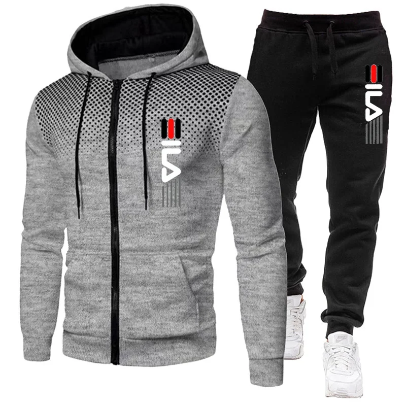 Fashion Print Tracksuit for Men Zipper Hooded Sweatshirt and Sweatpants Two Pieces Suits Male Casual Fitness Jogging Sports Sets