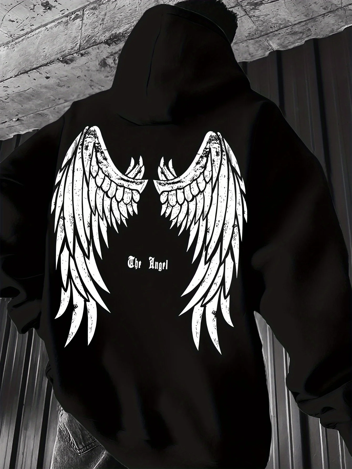 سترة كاجوال بغطاء للرأس بطباعة خلفية بأجنحة الملاك للرجال - بلوفر برسومات هندسية بأكمام طويلة، سترة عادية قابلة للغسل في الغسالة