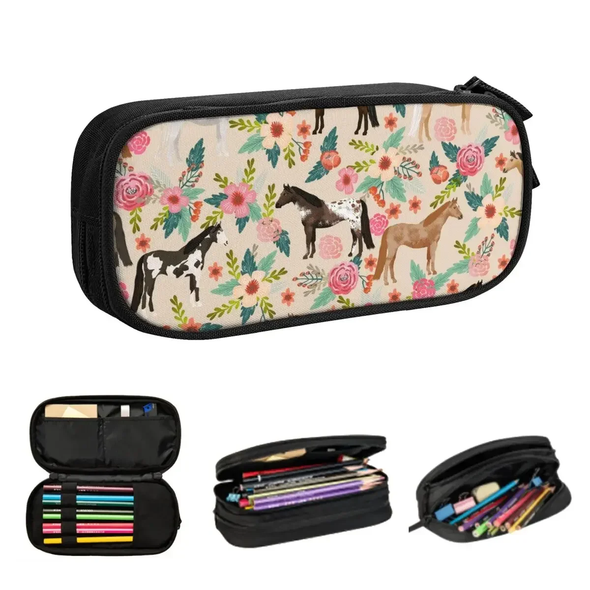 

Horses Floral Horse Breeds Farm Animal Pets Pencil Cases Large Storage Pen Bags Pen Box Pencil Pouch For Boys Girls Students