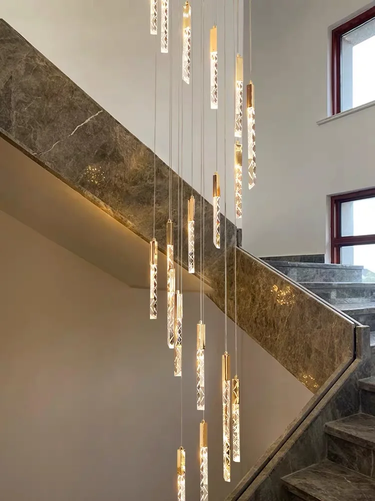 

Modern Loft Led Chandelier K9 Crystal Chrome Duplex Stair Chandelier Living Room Hotel Ceiling Hanging Light Luxury Pendant Lamp