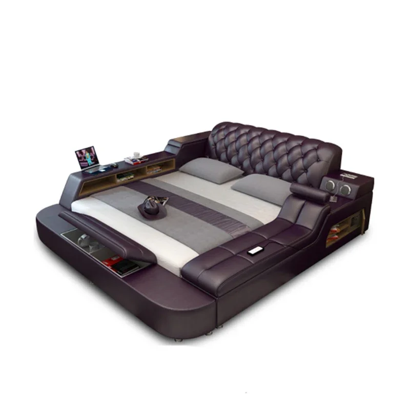 Modern Brown Bedroom Furniture Leather Bed with Speaker USB Charger Massage Sofa Bed Sets