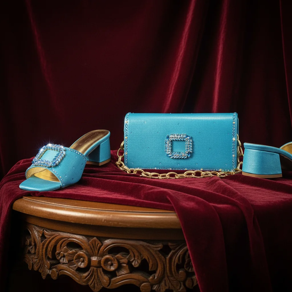 New Stylish Sky Blue Rhinestone High Heel Shoes & Matching Handbag - Elegant Peep Toe Footwear for Women, Ideal for Parties