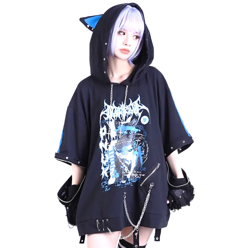 2024 japanische süße Punk-Stil Kapuze Langarm Frauen Hoodie, Mädchen Reiß verschluss Katzen ohren Niet Ketten riemen Unisex Herren Hoodie