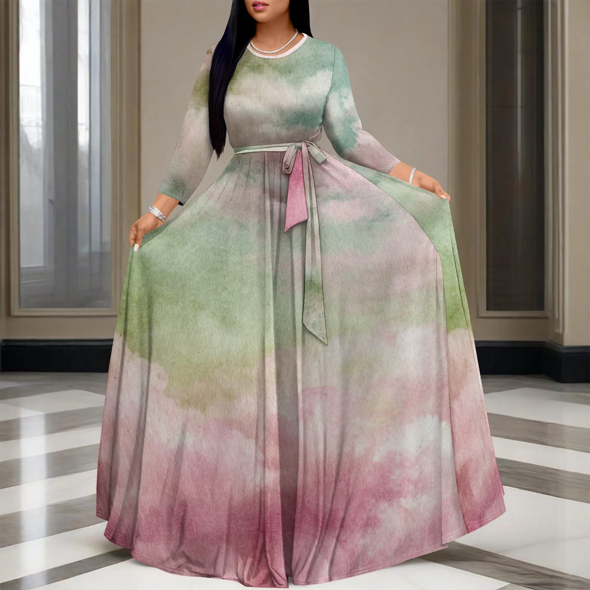 

Women's Watercolor Print Maxi Dress Long Sleeve A-Line Gradient Dress Elegant Belted Long Party Dress for Spring & Summer XS-3XL