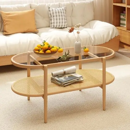 Boho Oval Coffee Table - 4-Tier Tempered Glass Tabletop with Acacia Wood Frame and PE Rattan Storage Shelf - Modern