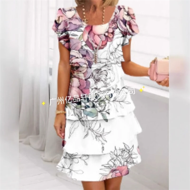 2025 primavera chique floral impressão chiffon vestido mulher elegante tripulação pescoço em camadas vestido plissado verão manga curta a linha vestido de festa
