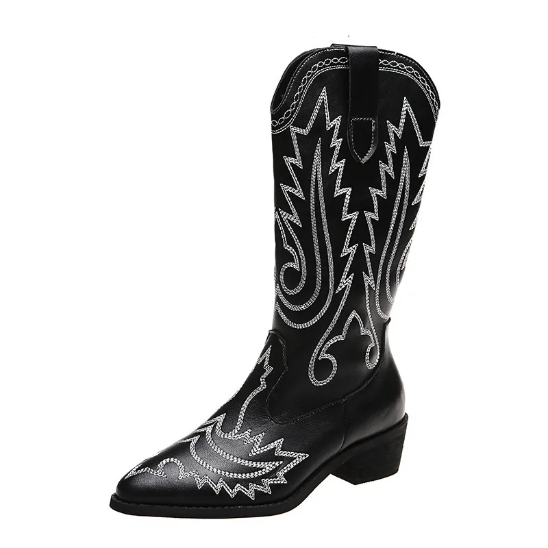 Women Mid Calf Western Boots Cowboy Pointed Toe Knee High Pull on Boots Ladies 2022 Fashion Leather Embroidery Botas Mujer 35-43