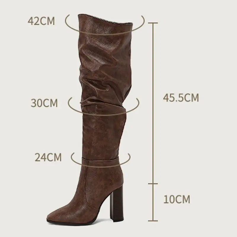 ASILETO Female Thigh Boots Square Toe Zipper Pleated Fabric Block Heels Large Size 49 50 Casual Party Long Booties Mixed Color