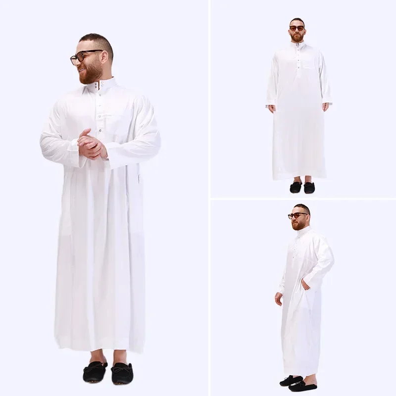 LIBIELIY アバヤ 無地 - カラー ムスリム メンズ服、アラビアとトルコのイード・アル＝フィトル ムスリム ホワイト 長袖 礼拝ローブ