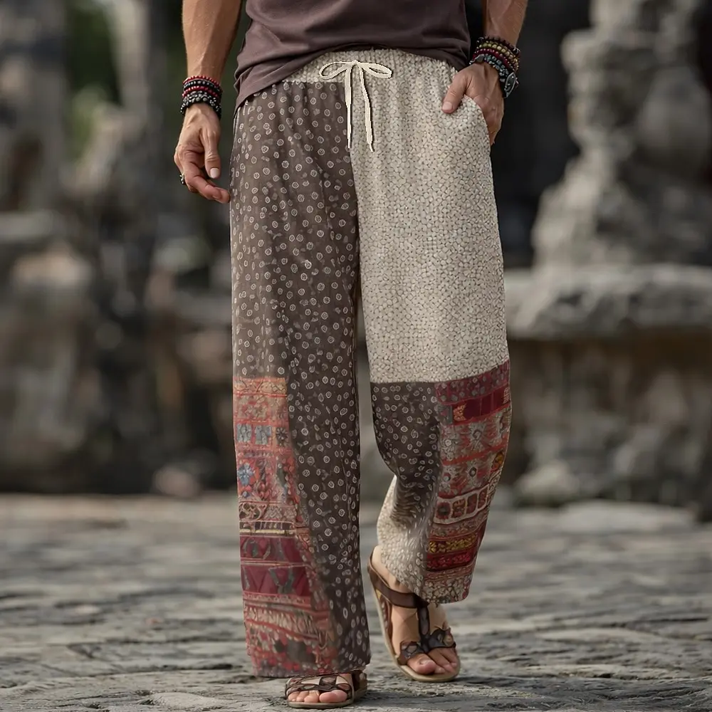 Men's 3D Geometric Polka Dot Casual Pants, Baggy Mid Waist Bohemian, Elastic Drawstring Waist, 2026 Spring Summer