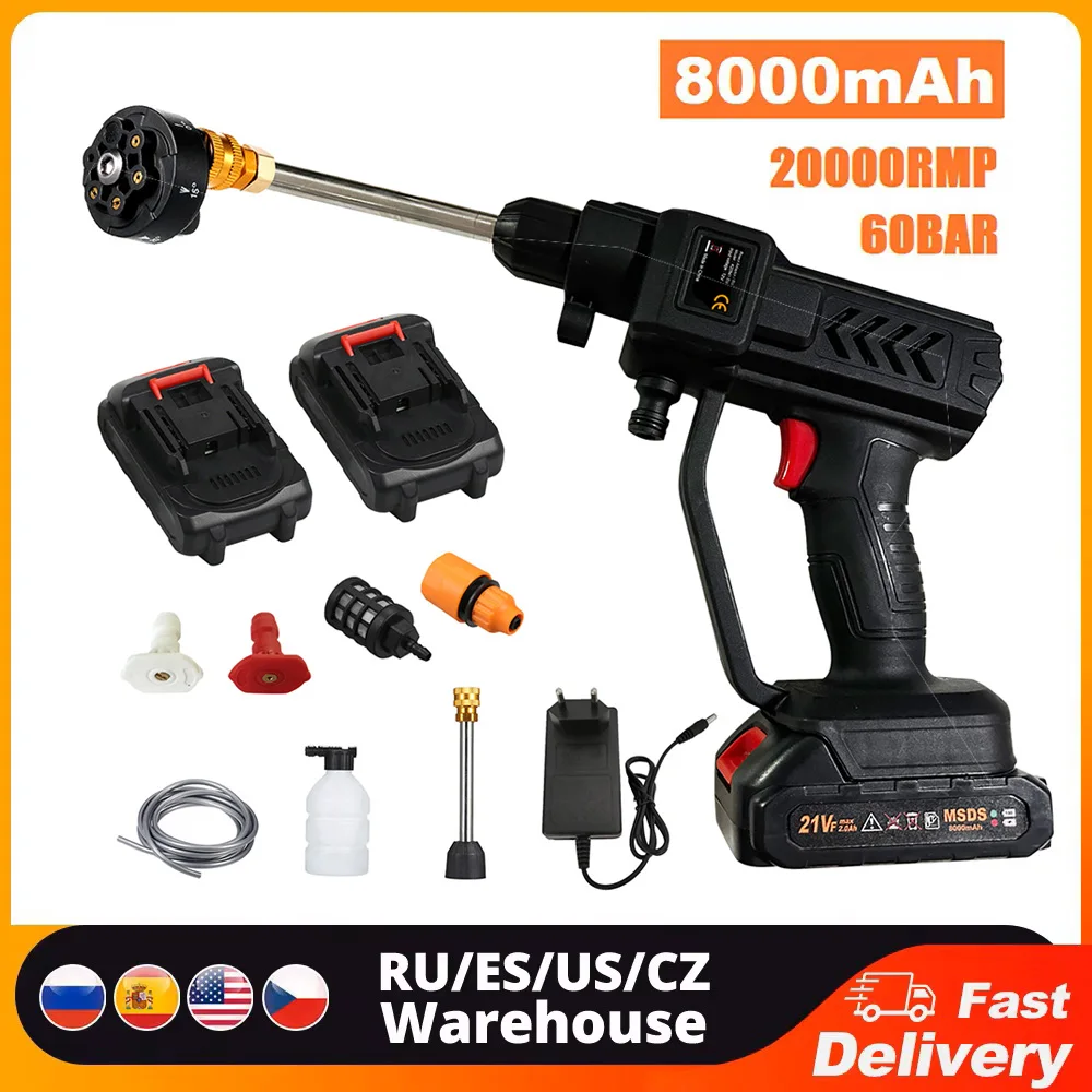 

Cordless High pressure Water Gun 21V 8000mAh 300W 60BAR Spray Car Washer Tool Household Portable Rechargeable Water Gun Machine