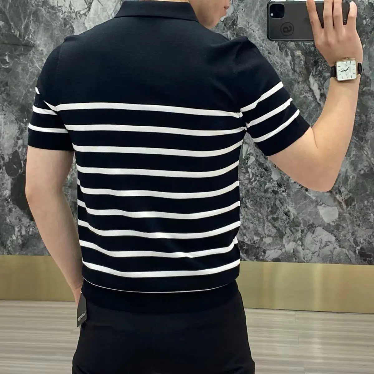 Polo ajustado a rayas para hombre, ropa coreana, ropa de calle de punto, Tops versátiles de manga corta a la moda, Verano