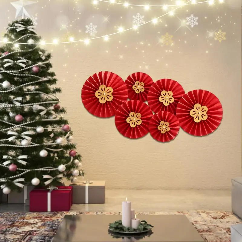 Abanico de papel rojo con flores, 6X, fiestas de Año Nuevo, conjunto de abanicos de papel, fiestas decorativas, abanicos de papel, guirnalda de decoración para eventos de carnaval