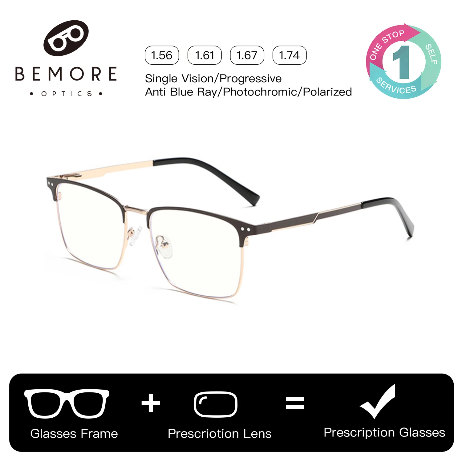 

BEMORE Square Alloy Clip on Prescription Glasses Men Polarized UV400 Magnetic Sun Optical Male Graduated Recipe Eyeglasses