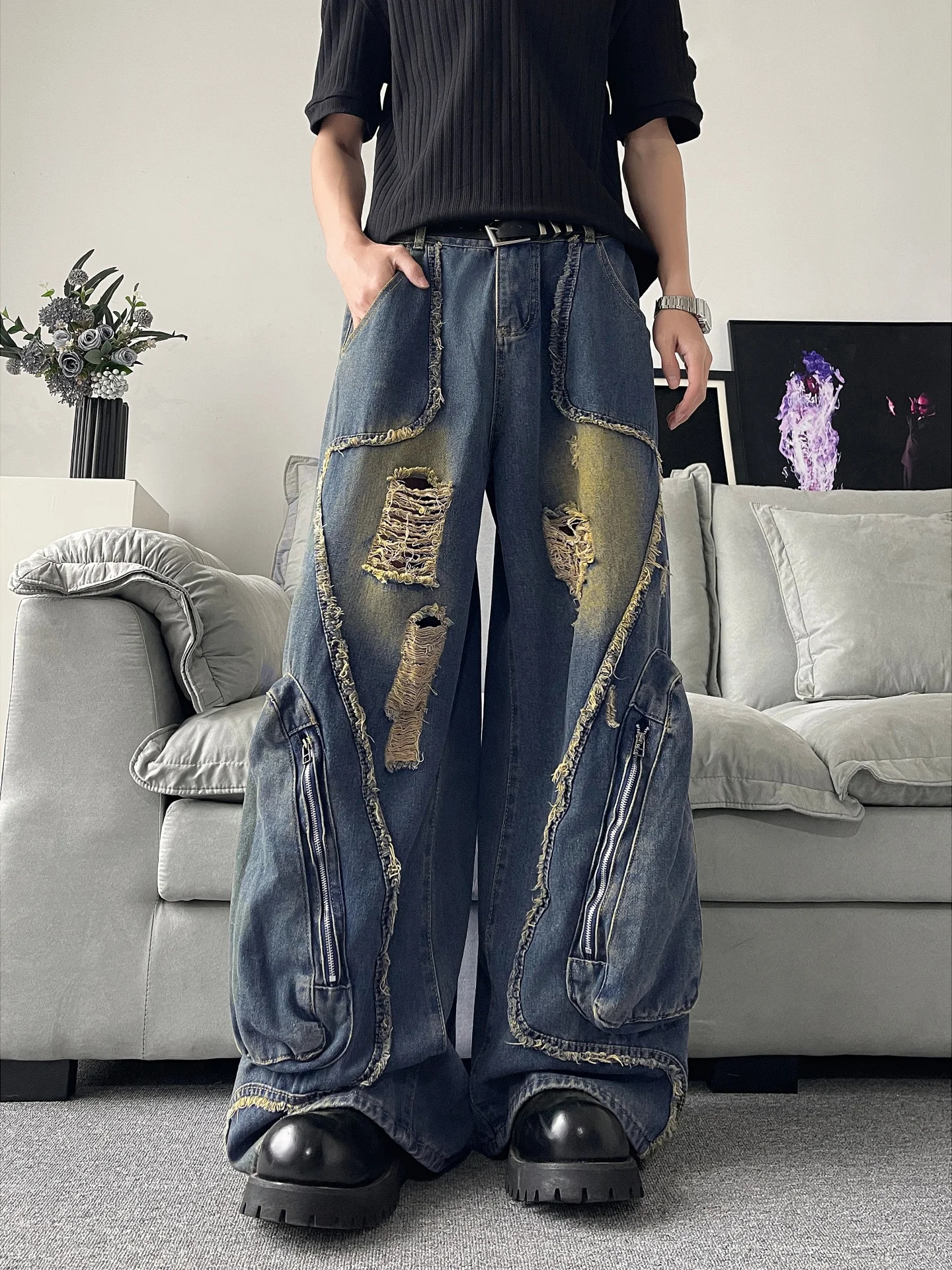 

Retro American Men's Jeans Knife Tear Hole Splicing Frayed Wide Leg Casual Workwear Loose Fit Youth Fashion