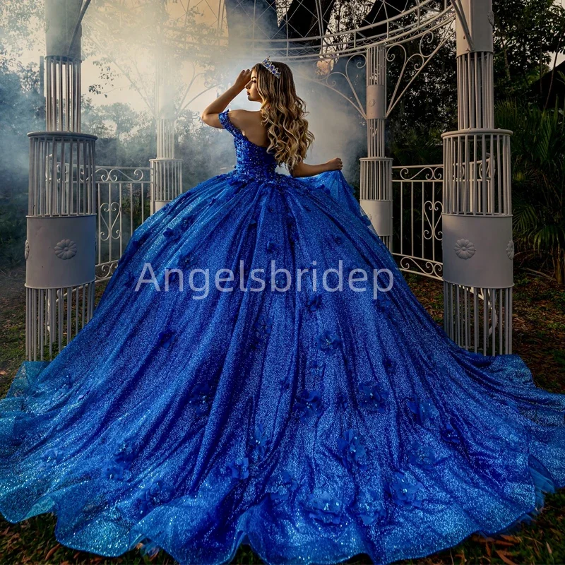 Angelsbride Sparkly Royal Blue Ball Gown Quinceanera Dresses Vestidos De 15 Quinceañera 3D Appliques Princess Girl Party Dress