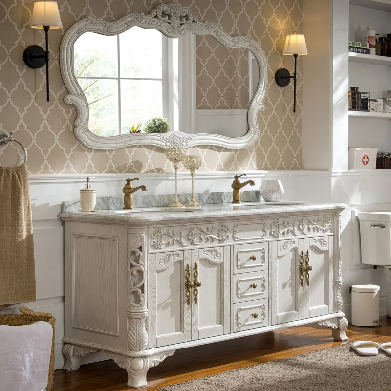 Luxury Red Oak Bathroom Cabinet Double Basin Bathroom Table Villa Mansion Customization