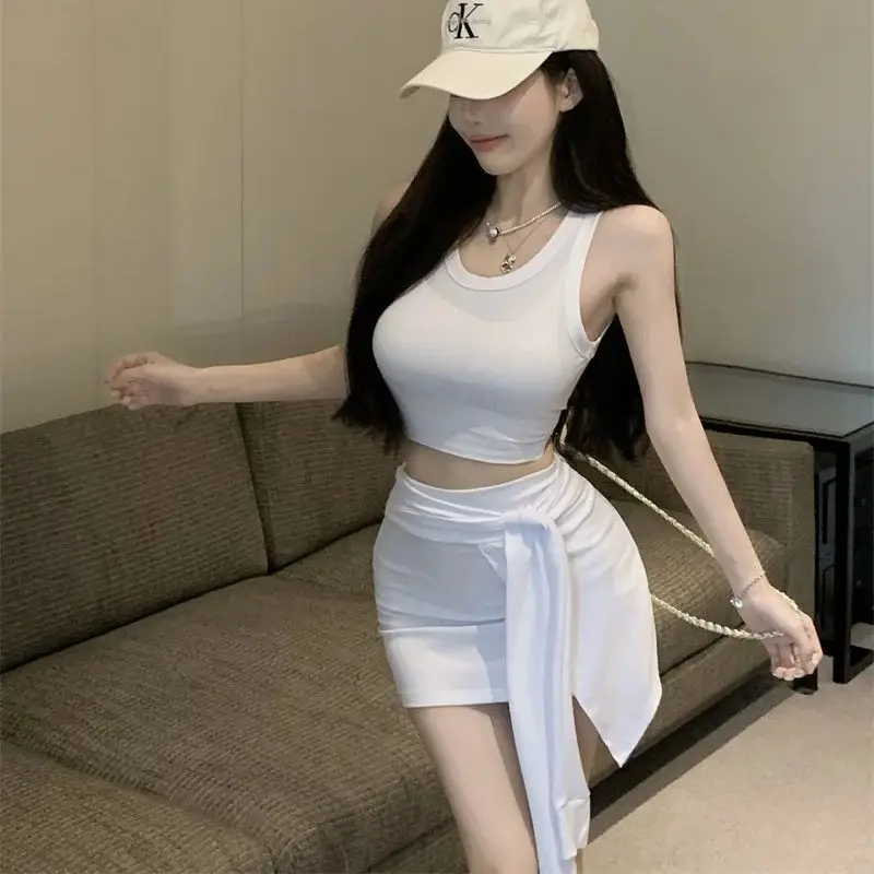 White slim short camisole top hot girl suit female summer strappy hip skirt two-piece suit