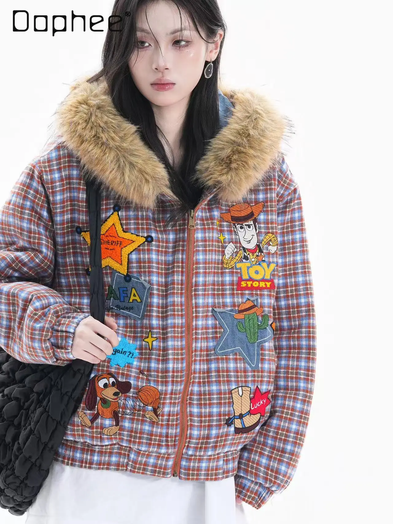 

Cartoon Plaid Faux Fur Collar Hooded Cotton Jacket for Women 2025 Winter New American Retro Loose Warm Coat