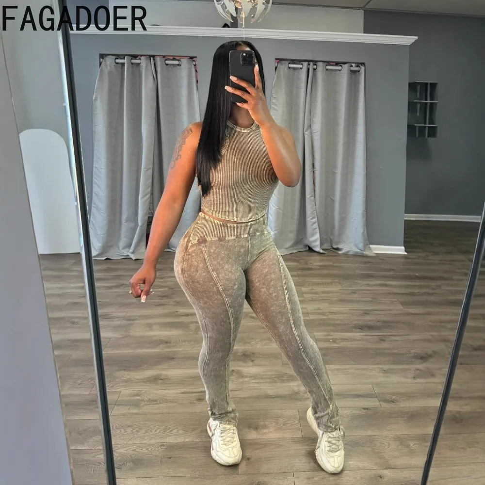 FAGADOER Rib Khaki 2 Piece Sets Women Outfit Casual Round Neck Solid Sleeveless Tank Top And Leggings Pants Street Sportswear