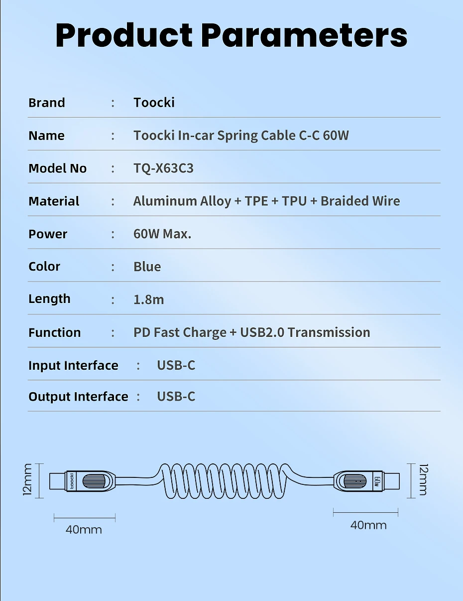 Toocki Auto-Federkabel Typ C für iPhone 17 16 15 Xiaomi Samsung 60W PD Schnellladung für Macbook iPad Typ C zu Typ C Kabel – Detail 13