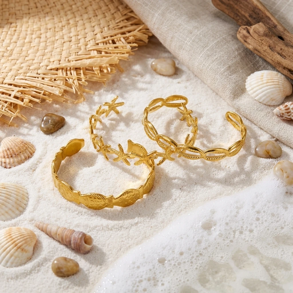 Summer Ocean Style Fish Shell Starfish Cuff Open Bangle for Women Gold Color Stainless Steel Bracelet Aesthetic Party Jewelry - view 6