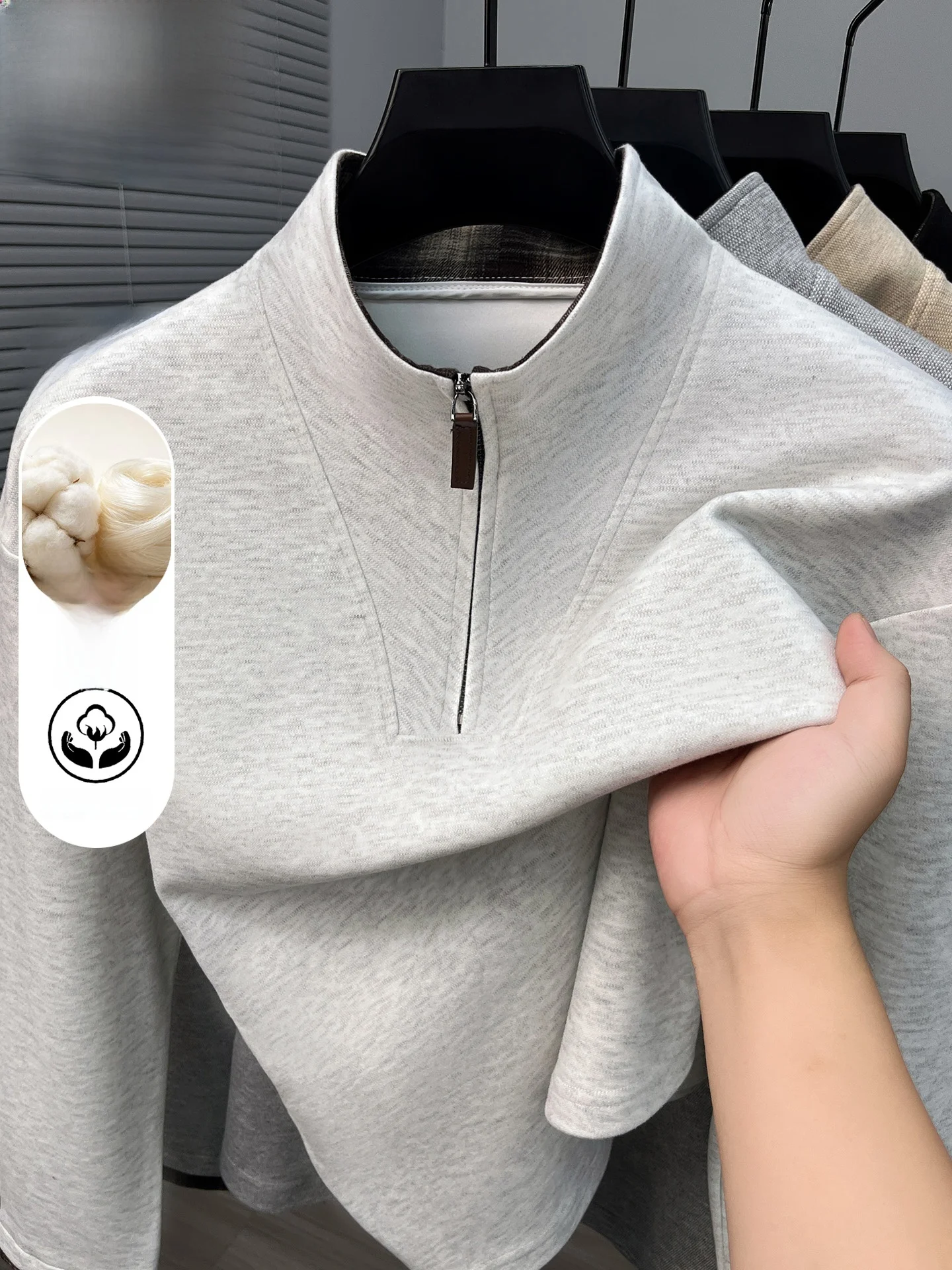 Camiseta de Manga Longa com Meio Zíper e Gola Alta em Mistura de Lã e Palha, Estilo Casual Versátil para Homens de Meia-Idade...