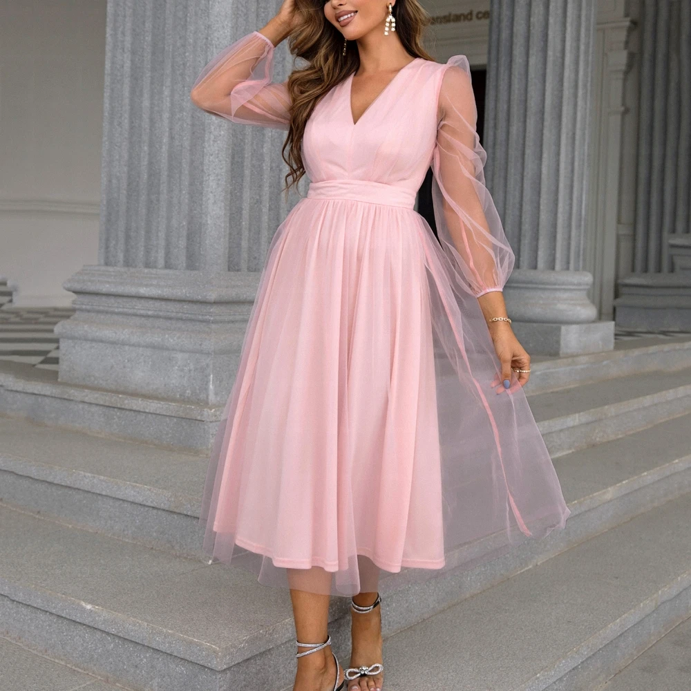 Elegant Simple Prom Dress For Women Lantern Sleeve V Neck Evening Gowns A Line Mid Calf Length Party Dresses فساتين السهرة