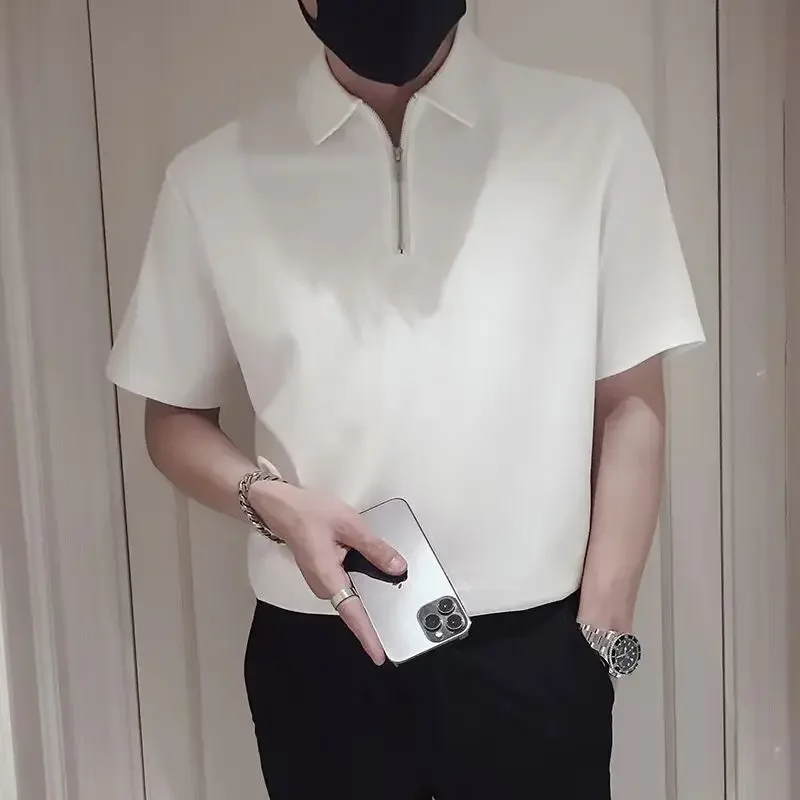 Men Polo Shirts T-shirt Lapel Short Sleeve Half Zipper Korea New Menswear Tops Solid Color Business