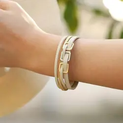 Amorcome New Style Leather Bracelets Women Triple Square Beads Charm Fashion Wrap Bracelet on Hand Magnetic Clasp Jewelry