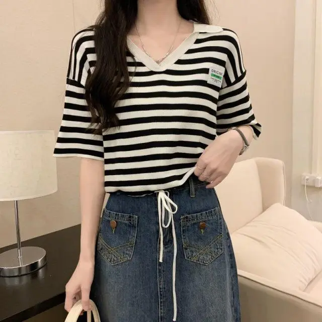 

Summer Short Sleeve Striped T-Shirt Women Knitted V-neck Pullover Female Elastic Casual Knitted Tee Women's Short T-Shirts D466