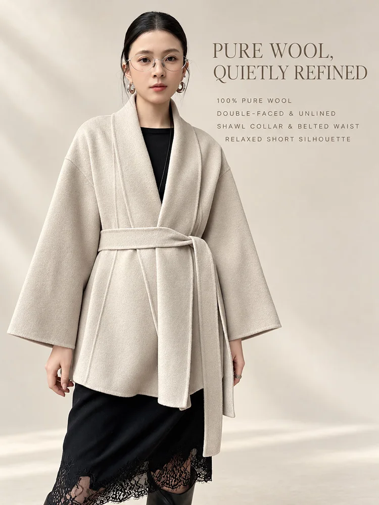 Women Double-Faced 100% Wool Shawl Collar Short Coat Unlined Relaxed Fit Open Front Winter Jacket Outerwear Belted Wrap Coat
