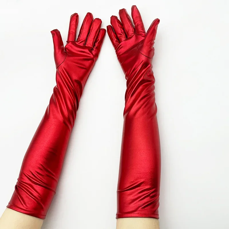 Gold Silver Wet Look Fake Leather Metallic Gloves Evening Party Performance Mittens Women Sexy Elbow Length Long Latex Gloves