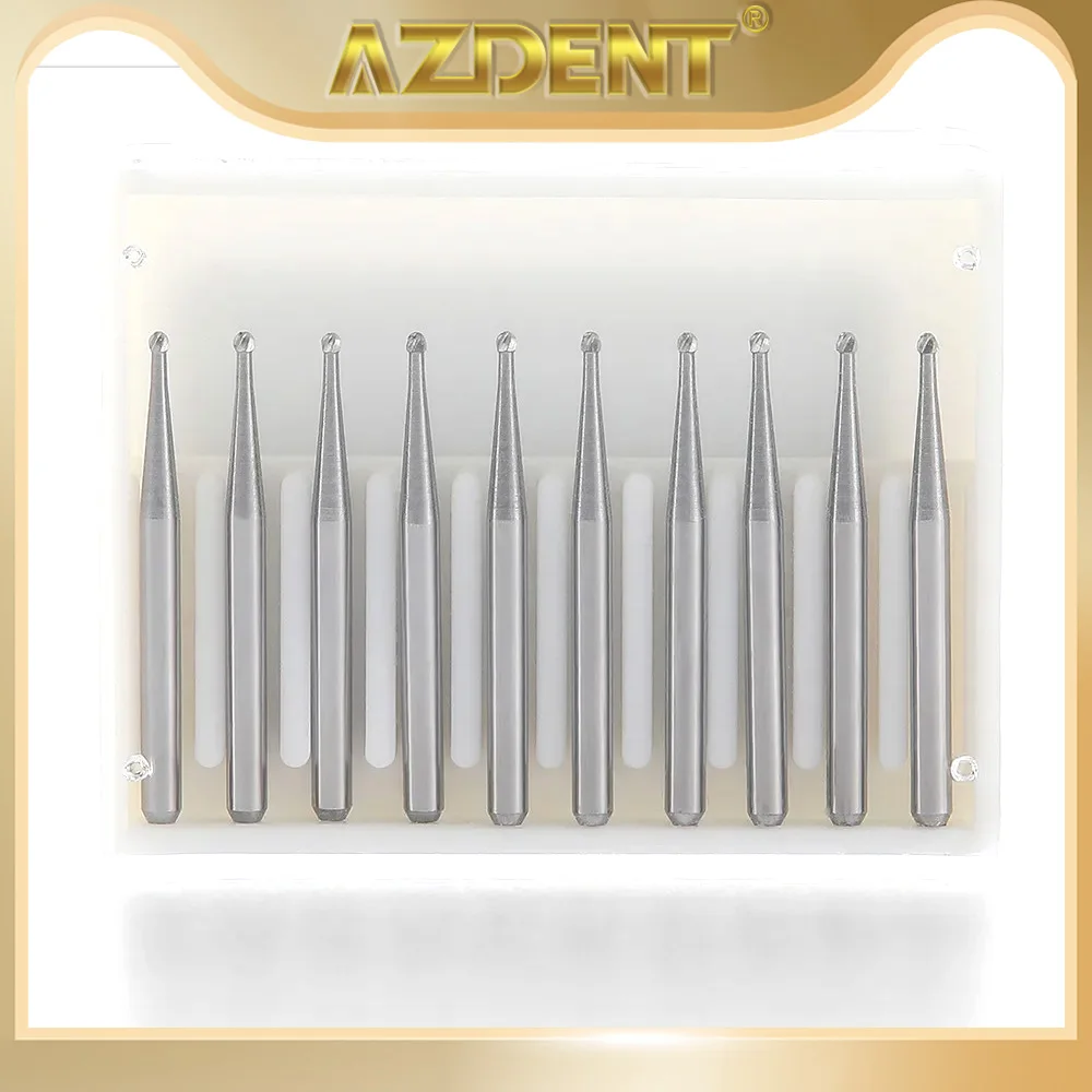 AZDENT 10Pcs/Box Dental Tungsten Carbide Burs Round Type Bur for High Speed Handpiece FG 1/2/3/4/5 0.8mm-1.6mm Dentist Tools