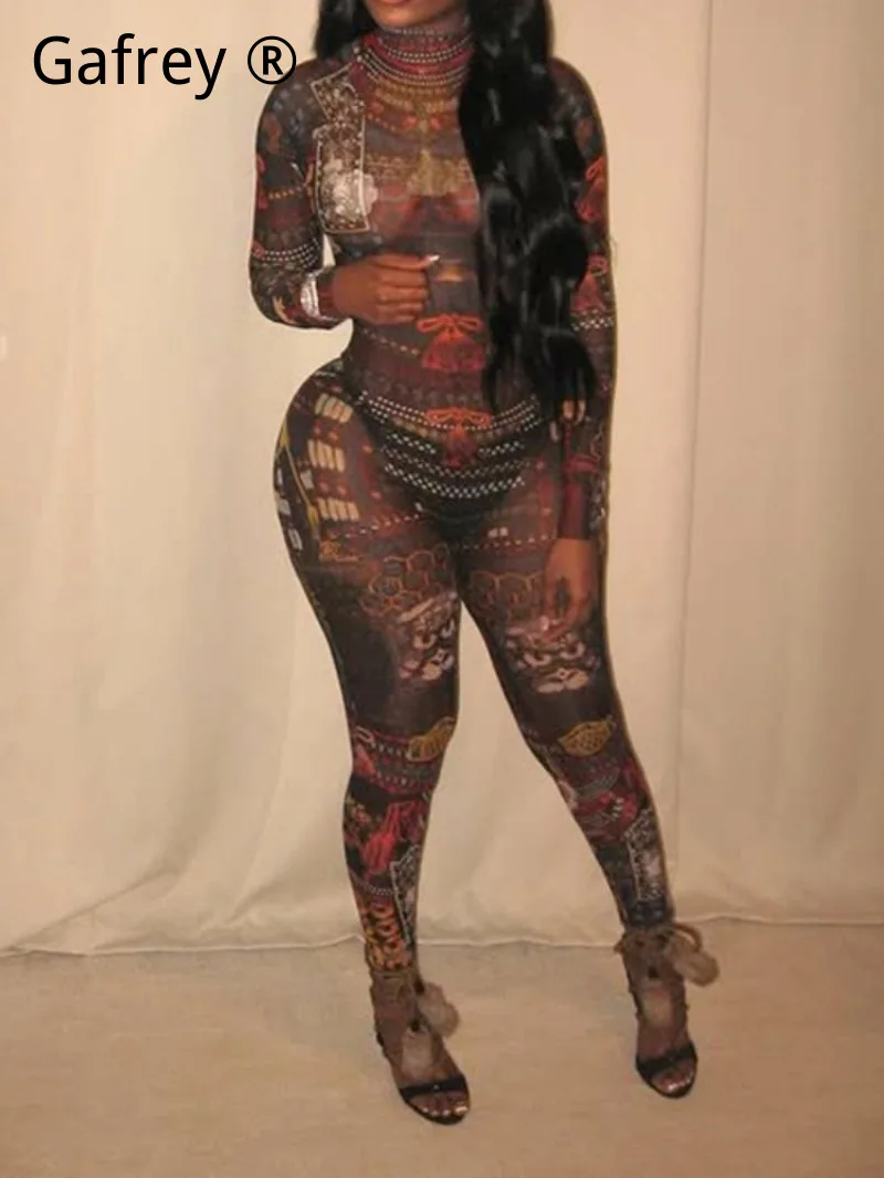 

Sexy See Through Mesh Printed Jumpsuit Women Fashion O Neck Long Sleeve Tight Bodycon Romper Y2K Club Streetwear 2026 New