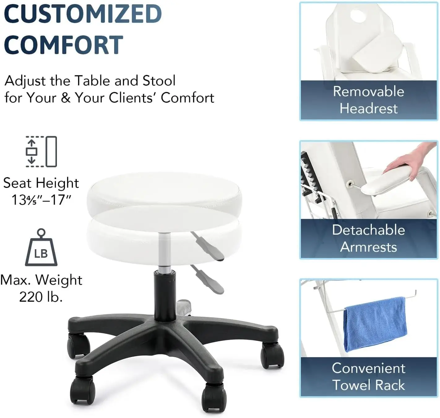 71in 3-Section Massage Bed & Stool Set for Facial Tattoo Barber Spa Beauty, Removable Headrest, Hydraulic, White, Customized