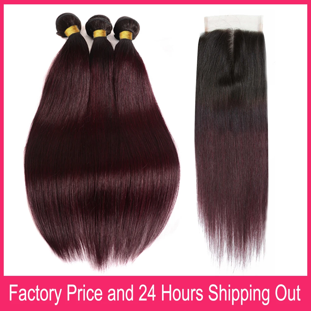 1B 99J Straight Bundles With 4x4 Lace Closure 100% Human Hair Ombre Burgundy Colored Hair Bundles With Transparent Lace Closures