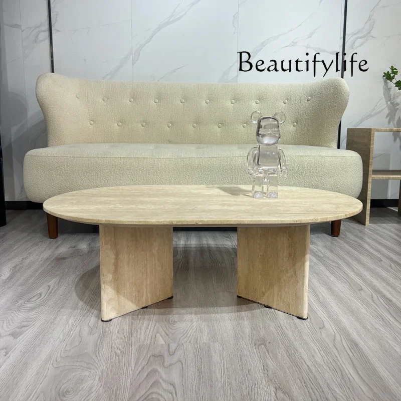 

R Nordic Travertine Small Coffee Table Wabi Style Modern Simple Light Luxury Marble Rectangular Creative Art Low Table