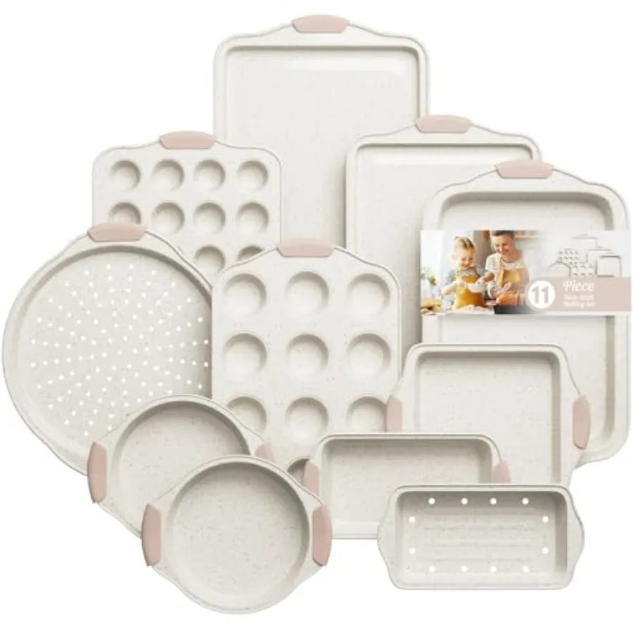 11-Piece Baking Pans Set for Home Commercial Use, Nonstick Aluminum, White Khaki, Stackable Dishwasher Safe
