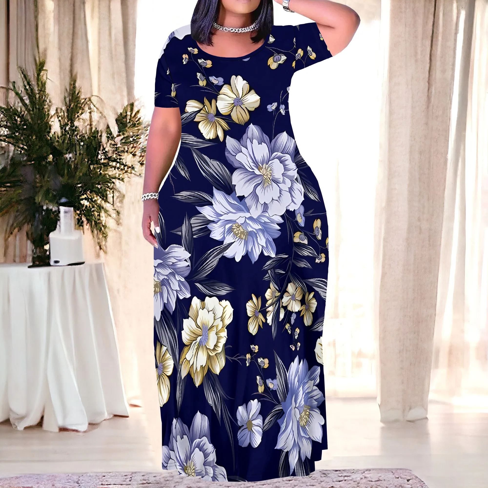 

Nupusa Floral Print Dress for Women Plus Size Summer Casual Round Neck Short Sleeve Maxi Dress