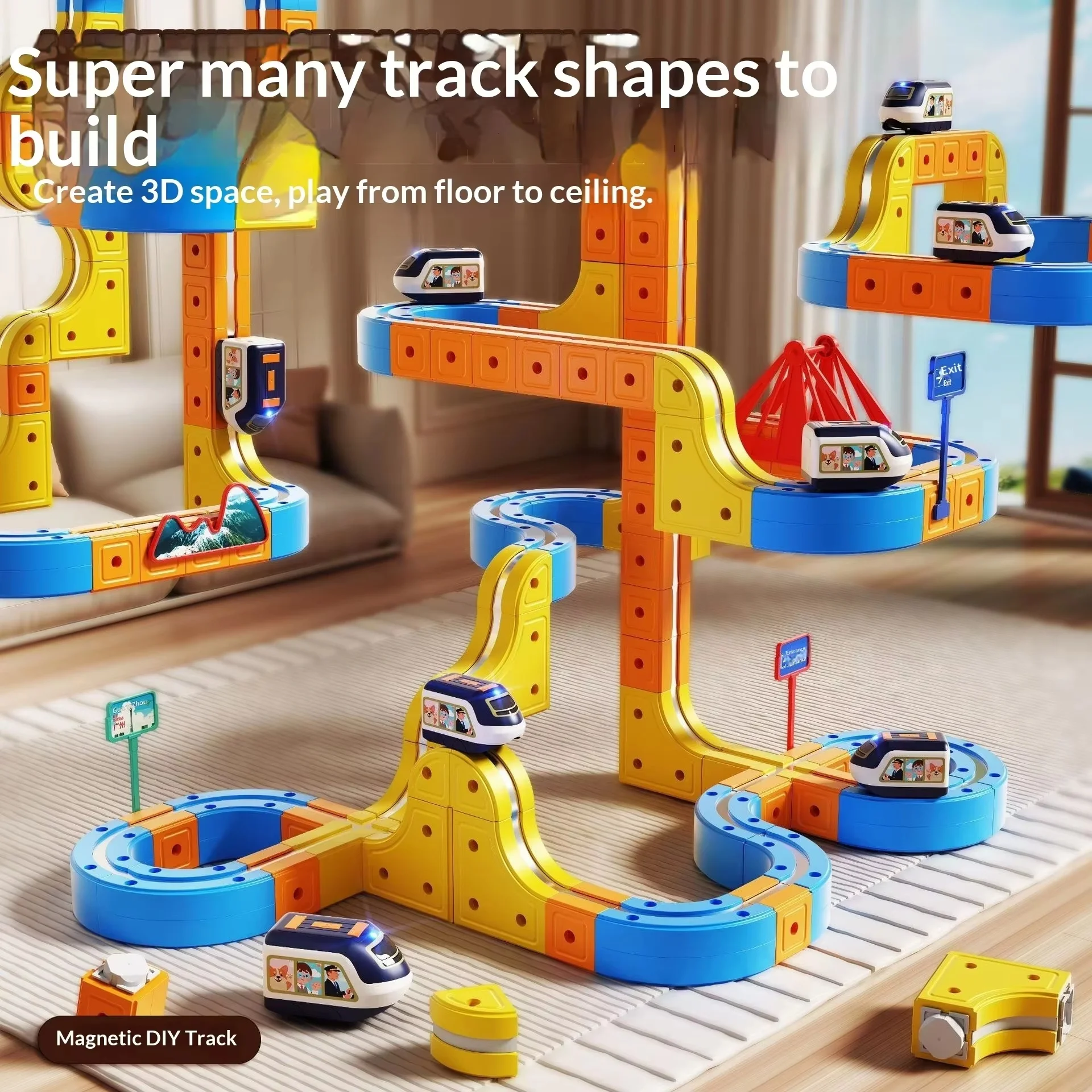 STEM Magnetic Car Racing Toys Montessori Educational Learning Set with Motorized Train 3D Maze Track Railed Vehicles Model Kit