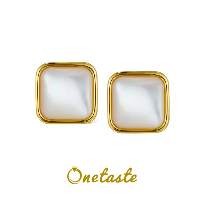 Minimalism Natural White Shell 925 Silver Gold Plated Stud Earrings Simple Geometric Square Small Earrings Mirror Polished